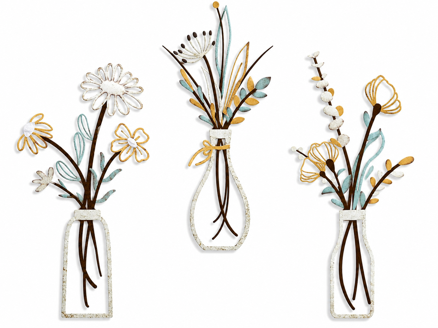 3 Pieces Metal Flowers Wall Art, Floral Wall Decor with Hanging Metal Decorations, 6 x 13.7 Inch Flower Wall Decor for Living Room, Bedroom, Bathroom, Dining Room and Housewarming Gift