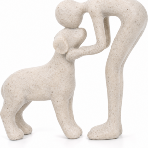 Abstract Person and Dog Statue, Resin Dog Memorial Figurine with Head-to-Head Design, Sandstone Color Abstract Sculpture for Shelf and Tabletop Decor, Dog Lover Gift