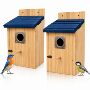 2 Pack Bird Houses for Outside, Wooden Cedar Bluebird Nesting Box with Copper Entrance Guard, Mountable Bird House for Tree, Garden, Patio & Backyard, Easy Clean Shelter for Sparrows and Wild